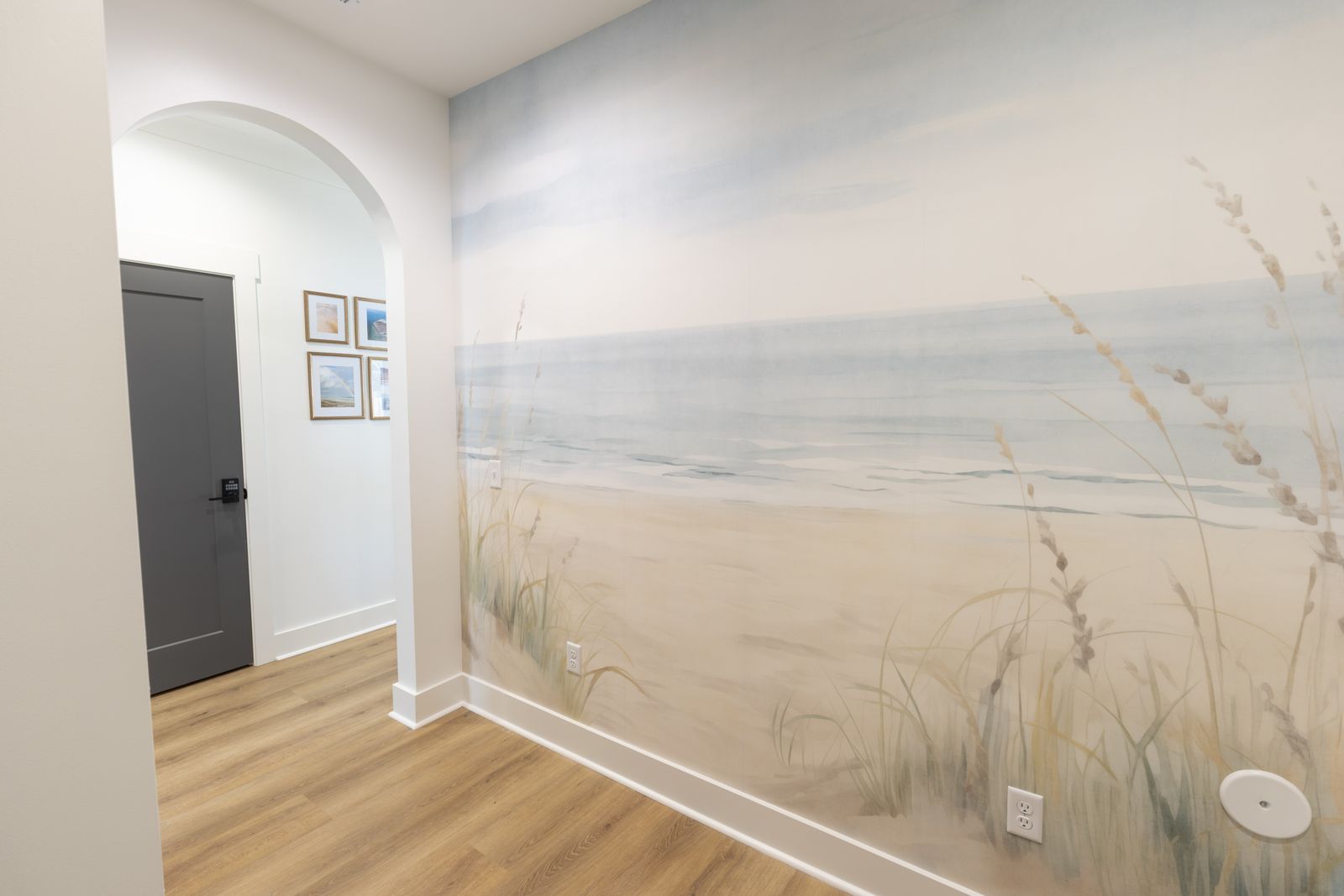 Mud room with beach and dune grass wallpaper